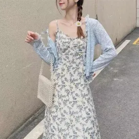 Fashionkova  Women Sleeveless Dresses Blue Floral Print Female Long Dress Elegant Students Sweet Kawaii High Waist A-Line Korean Style Trendy