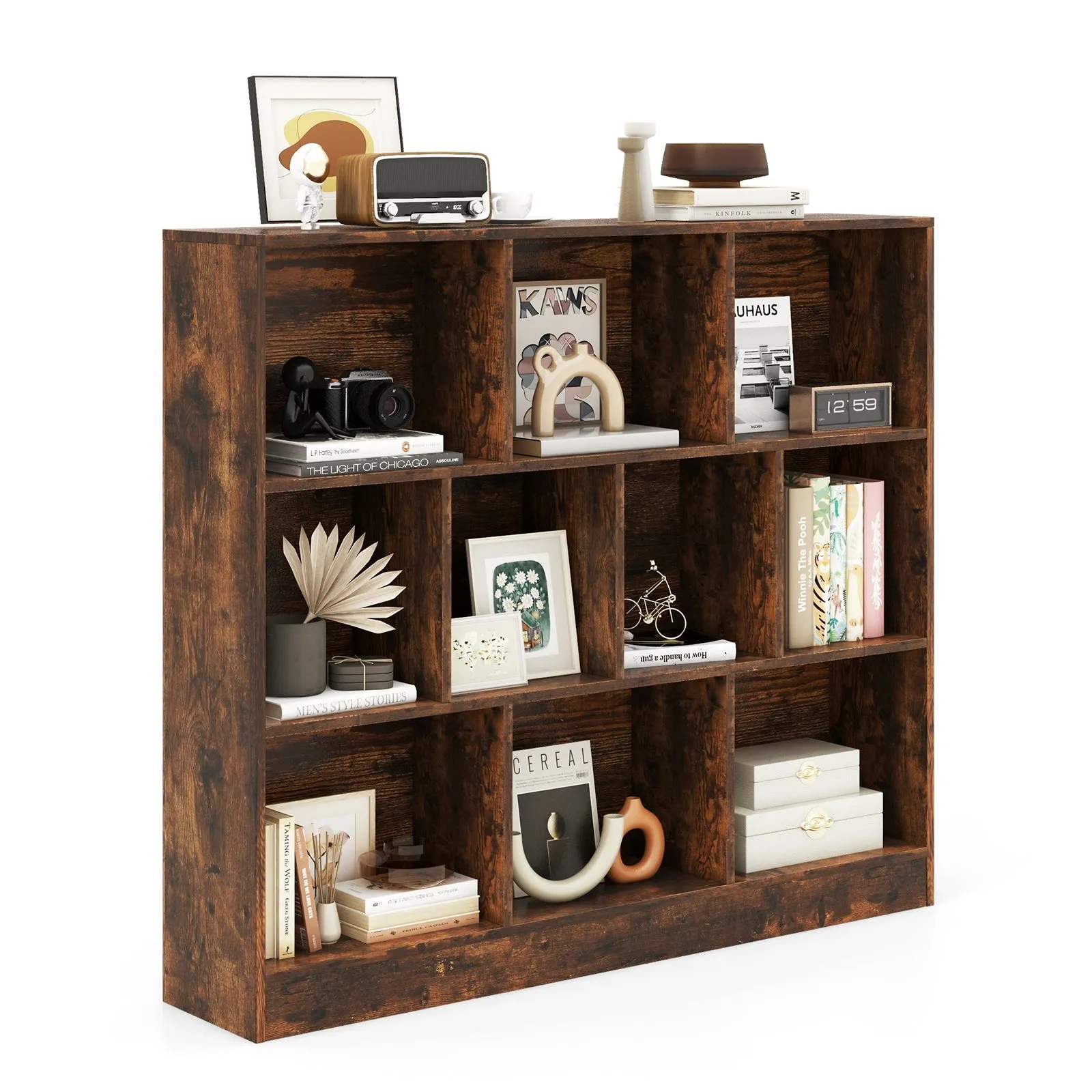 10-Cube Bookshelf Freestanding Storage Organizer with 2 Anti-Tipping Kits-Brown