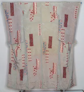 1960s Japanese Silk Kimono with Abstract Patterns and Golden Paint Lining, Red White Blue Pink