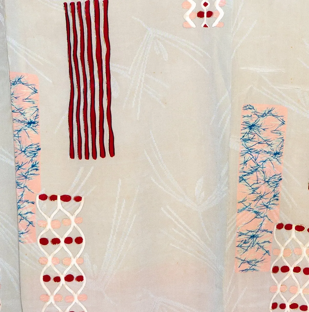 1960s Japanese Silk Kimono with Abstract Patterns and Golden Paint Lining, Red White Blue Pink