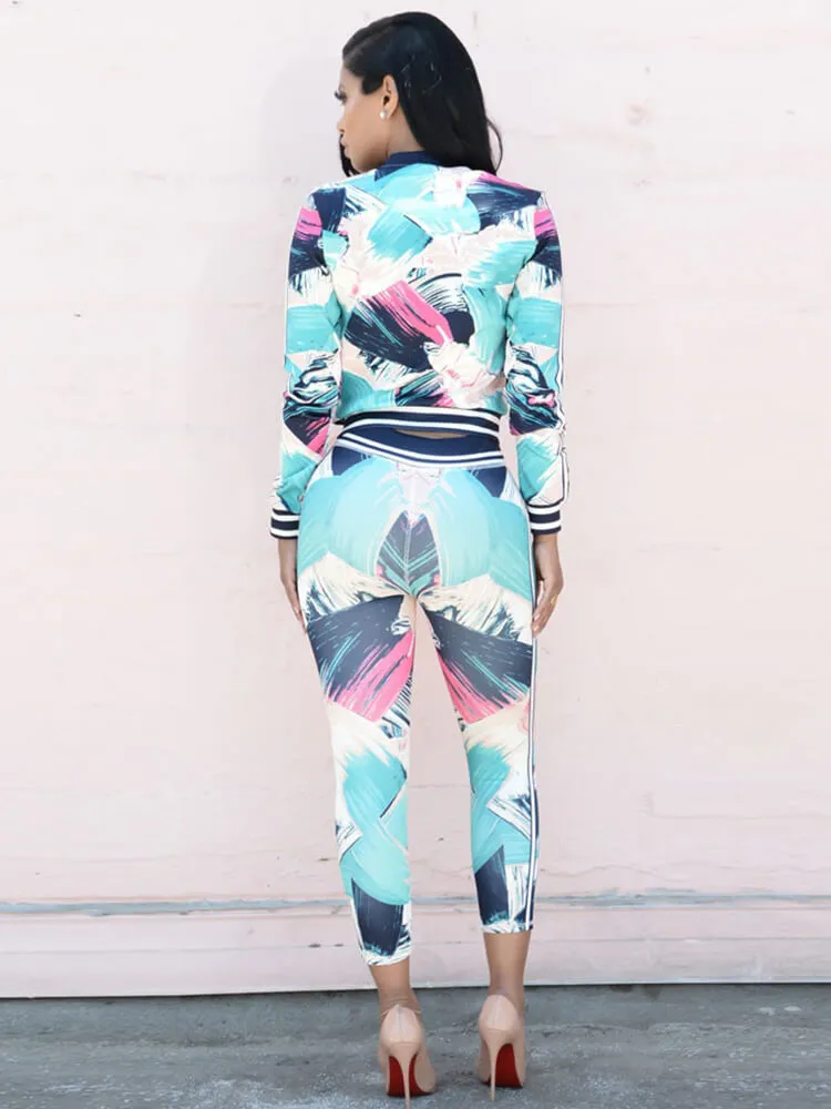 2 Piece Floral Print Jackets Pants Sets Tracksuits