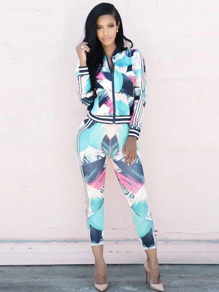 2 Piece Floral Print Jackets Pants Sets Tracksuits