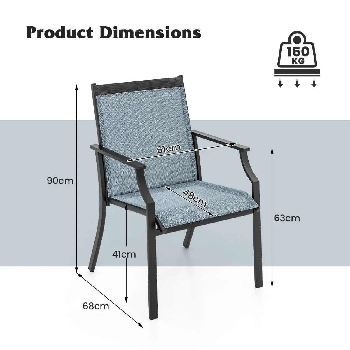 2 Piece Patio Dining Chairs with Breathable Seat and Metal Frame-Blue