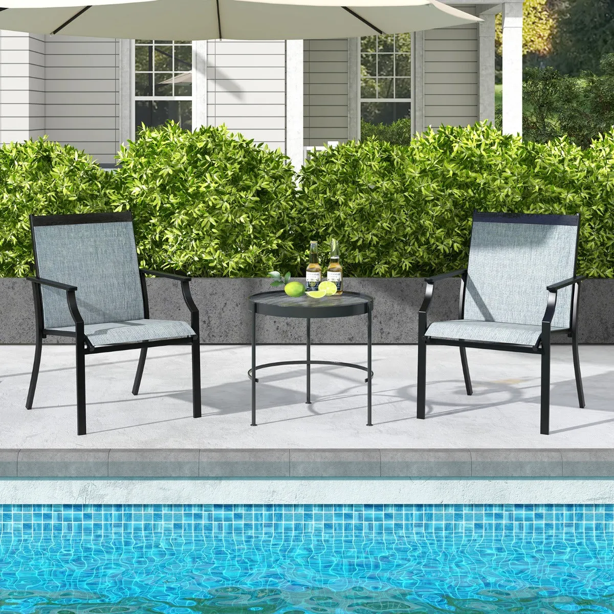 2 Piece Patio Dining Chairs with Breathable Seat and Metal Frame-Blue