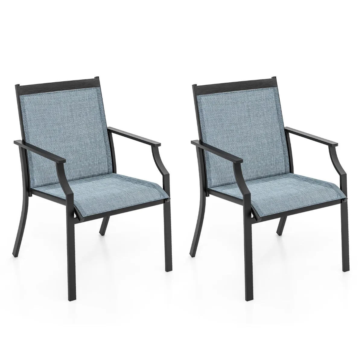 2 Piece Patio Dining Chairs with Breathable Seat and Metal Frame-Blue