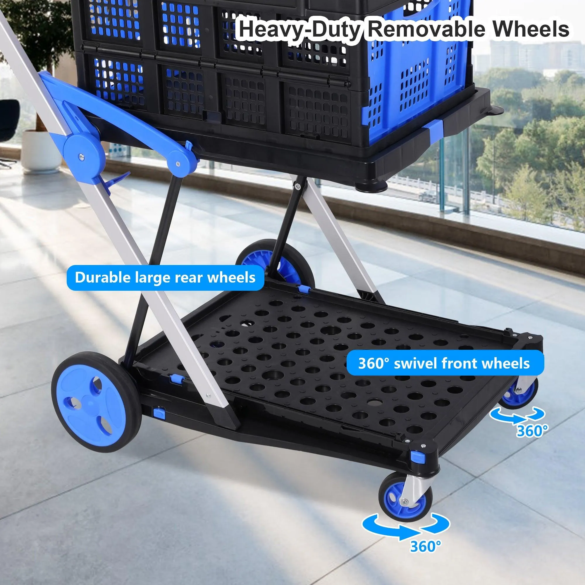 2-Tier Collapsible Cart with Crate Multi-Functional Foldable Trolley with Rolling Swivel Wheels