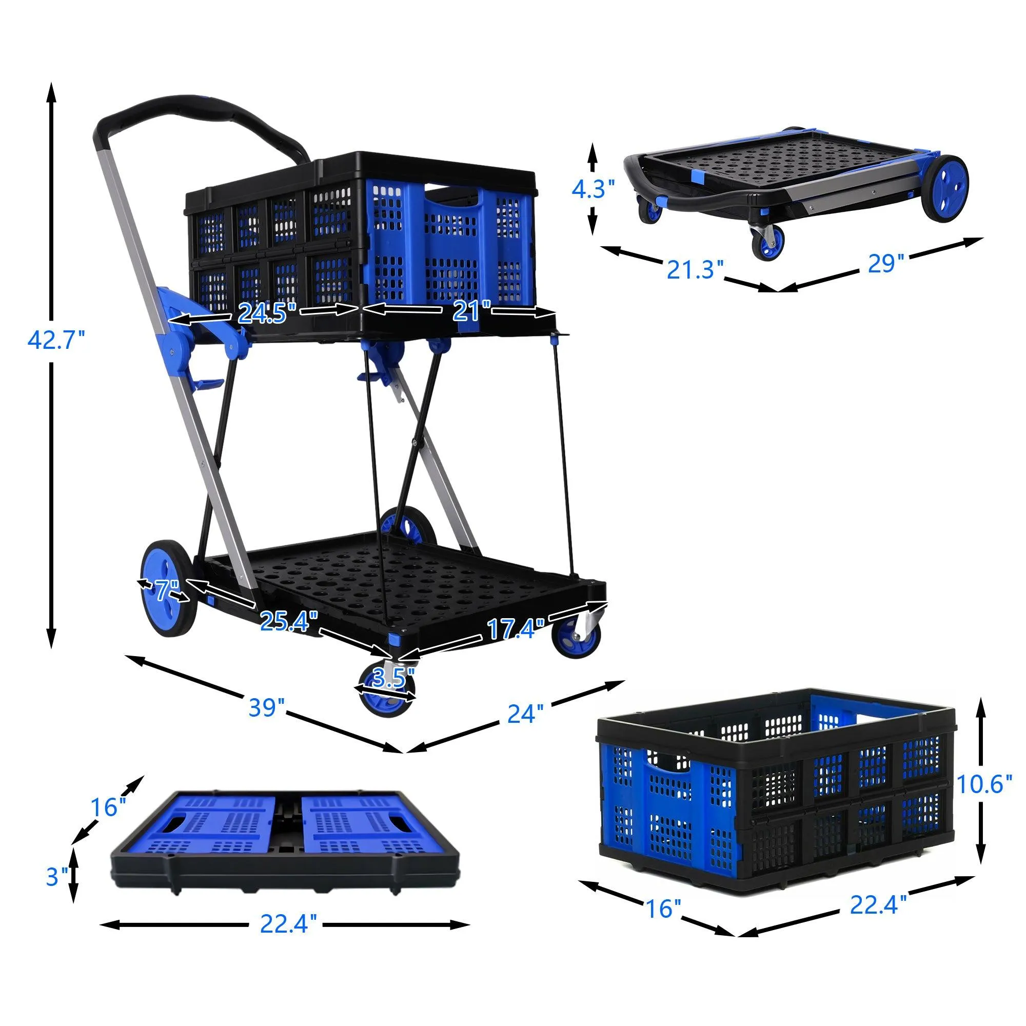 2-Tier Collapsible Cart with Crate Multi-Functional Foldable Trolley with Rolling Swivel Wheels