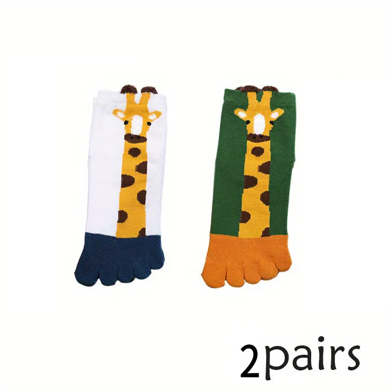 2pairs Boys Kids Five-finger Socks, Cartoon Giraffe Cute Split Toe Socks, Breathable Comfy Crew Socks For Autumn Winter, Children's Socks