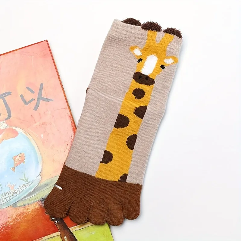 2pairs Boys Kids Five-finger Socks, Cartoon Giraffe Cute Split Toe Socks, Breathable Comfy Crew Socks For Autumn Winter, Children's Socks