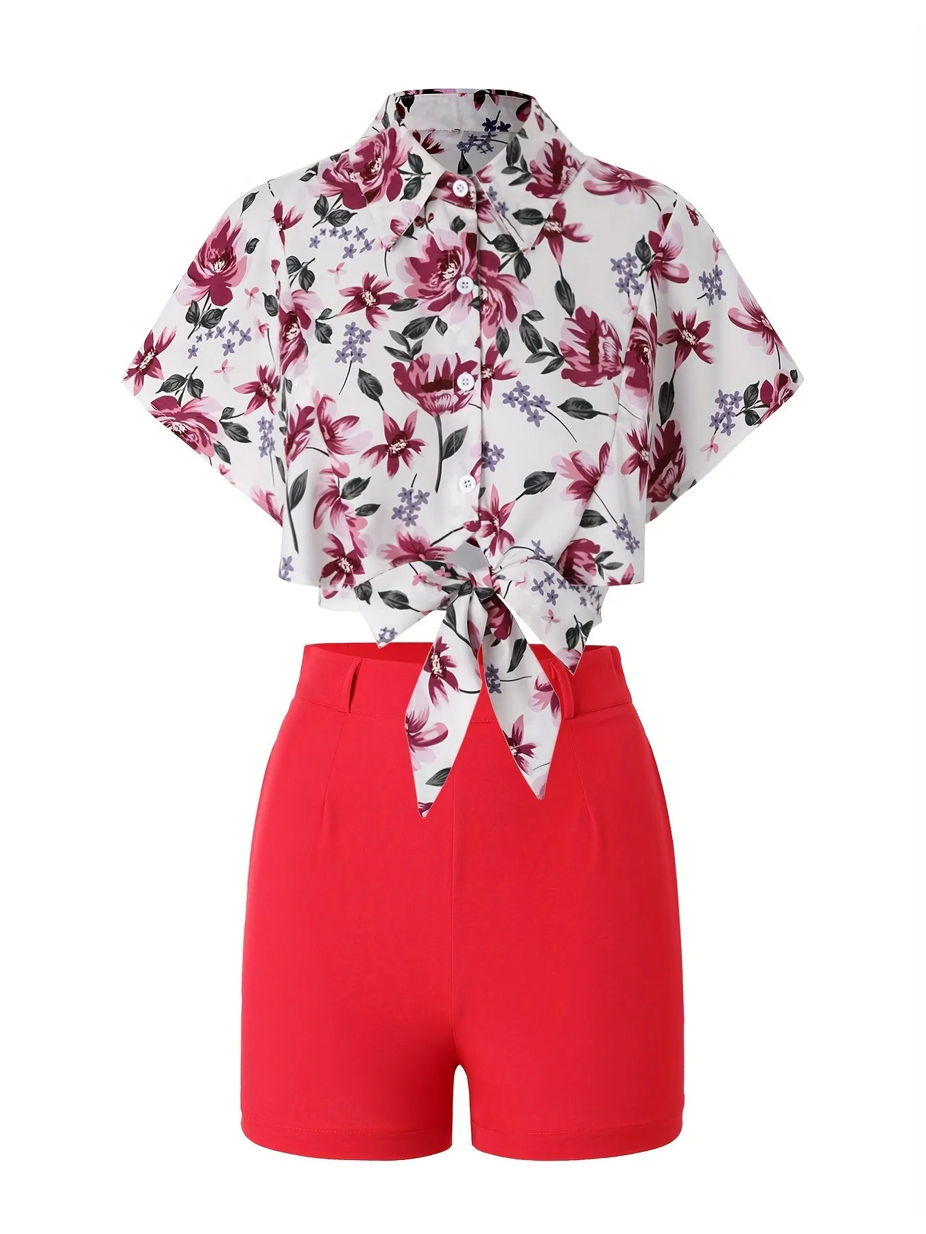 2pcs Chic Floral Crop Shirt & Solid Shorts Set - Breathable, Comfort Fit for Stylish Spring & Summer Wear, Ideal Women's Casual Outfit