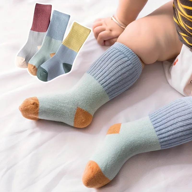 3 Pairs Of Baby's Color Block Knee High Socks, Warm Soft Breathable Comfy Socks For Autumn And Winter