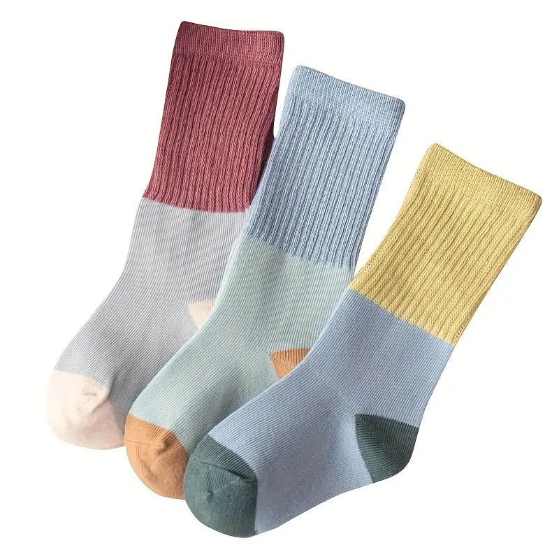 3 Pairs Of Baby's Color Block Knee High Socks, Warm Soft Breathable Comfy Socks For Autumn And Winter