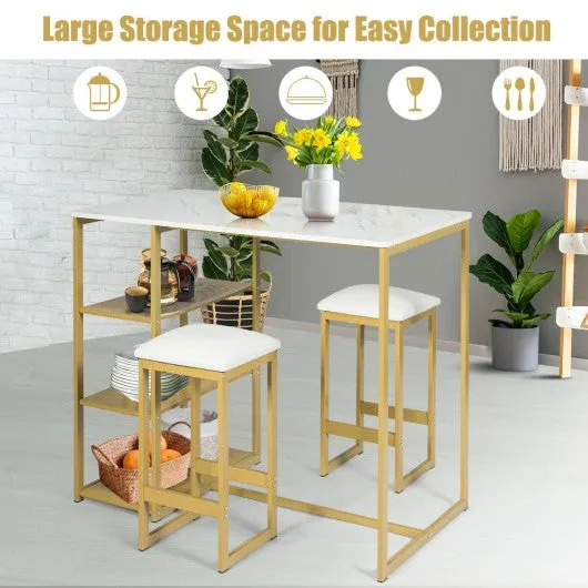 3 pcs Dining Set with Faux Marble Top Table and 2 Stools-Golden