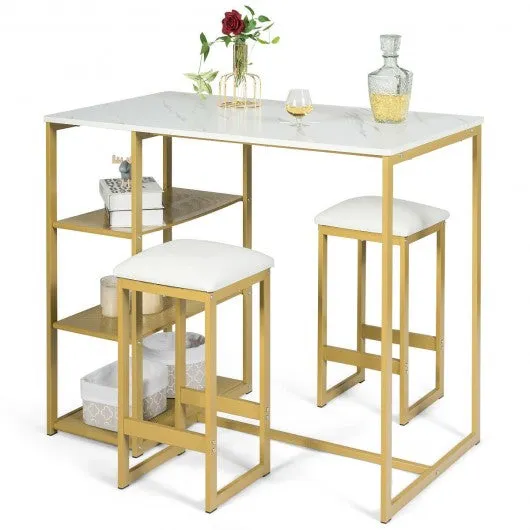 3 pcs Dining Set with Faux Marble Top Table and 2 Stools-Golden