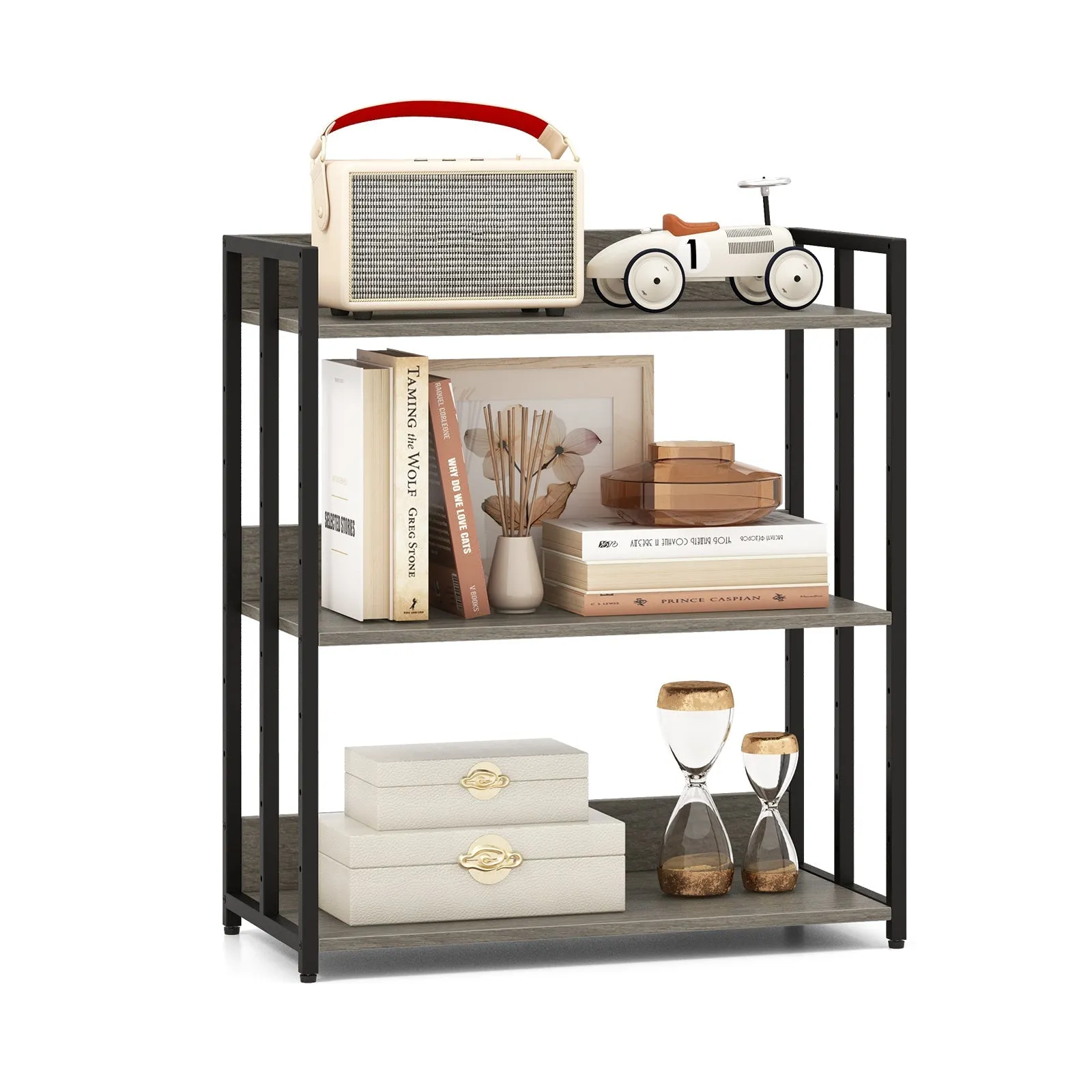 3-Tier Bookshelf with Adjustable Shelves and Metal Frame-Grey