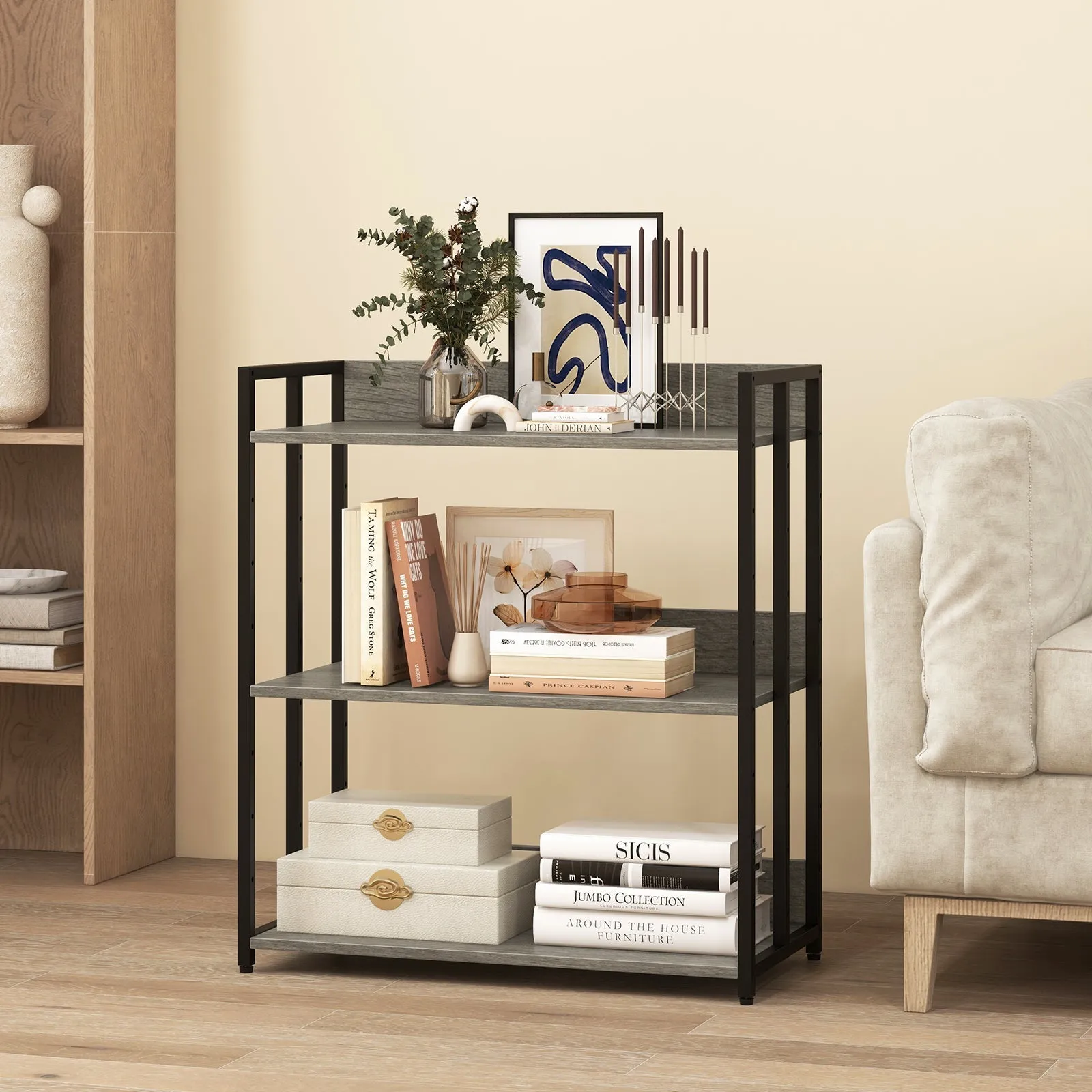 3-Tier Bookshelf with Adjustable Shelves and Metal Frame-Grey