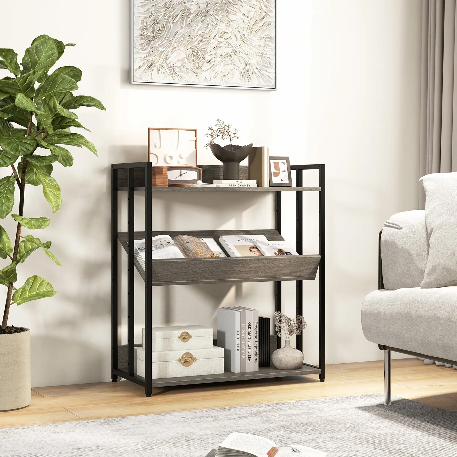 3-Tier Bookshelf with Adjustable Shelves and Metal Frame-Grey