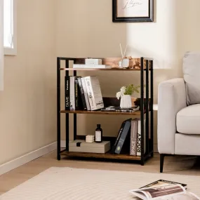 3-Tier Bookshelf with Adjustable Shelves and Metal Frame-Rustic Brown