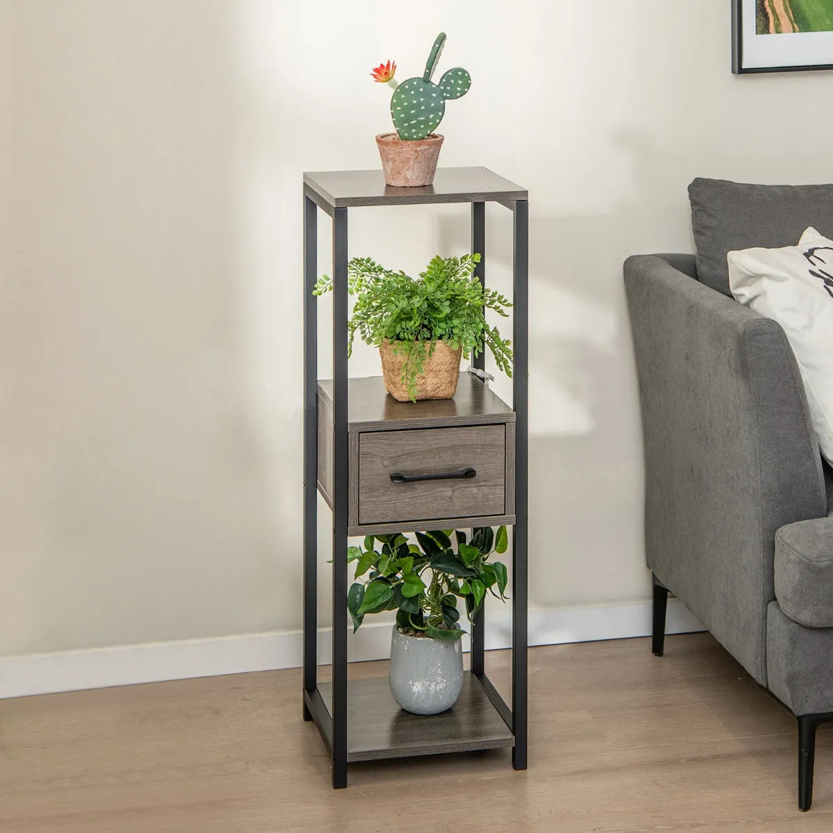 3 Tier Tall Metal Plant Stand with Drawer Anti-tipping Devices-Grey