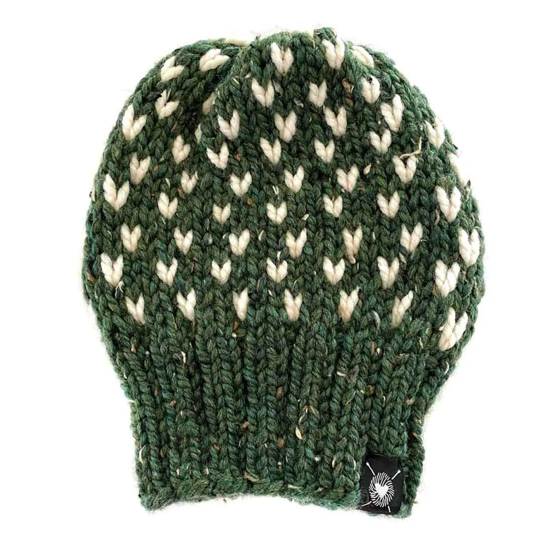 (30% Off) Beanie - Slouchy Blended Fiber Pomless in Pale Hearts on Evergreen by Nickichicki