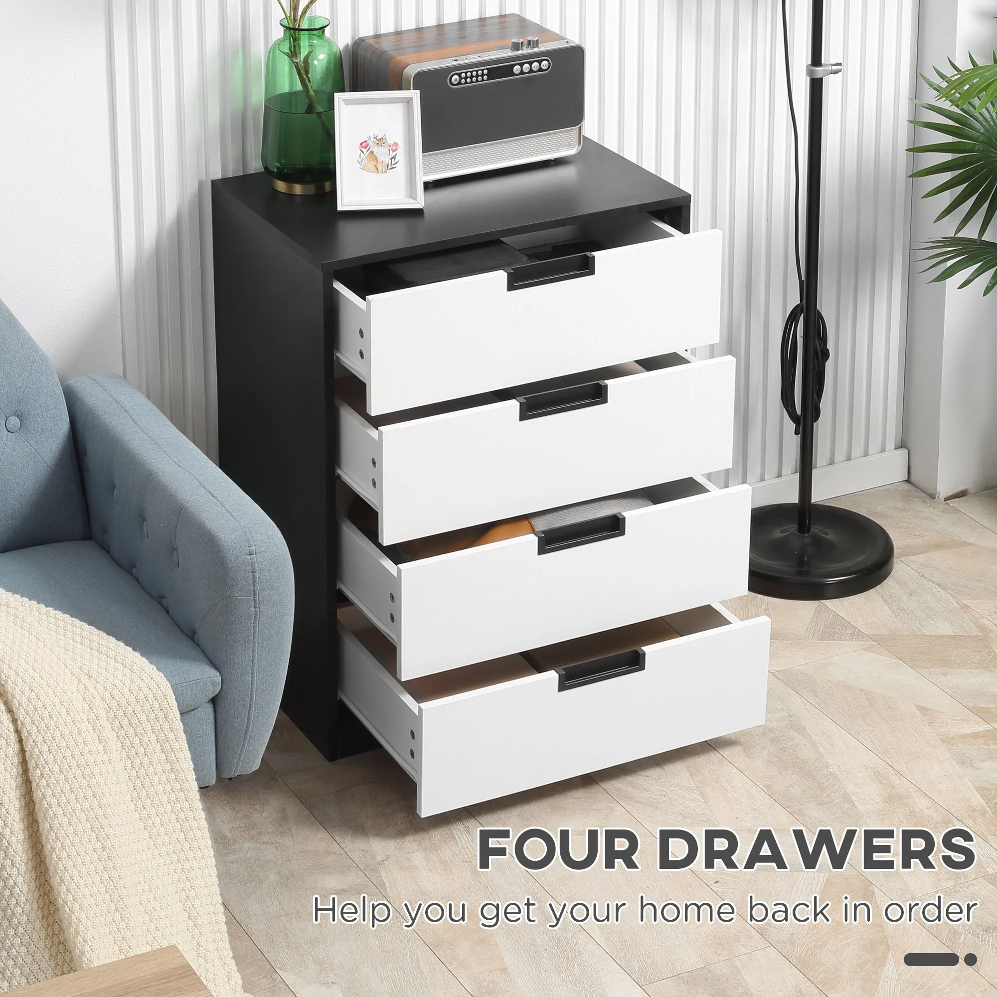 4 Drawer Storage Chest Cabinet Organiser for Bedroom, Living Room, 60cmx40cmx80cm, White and Black