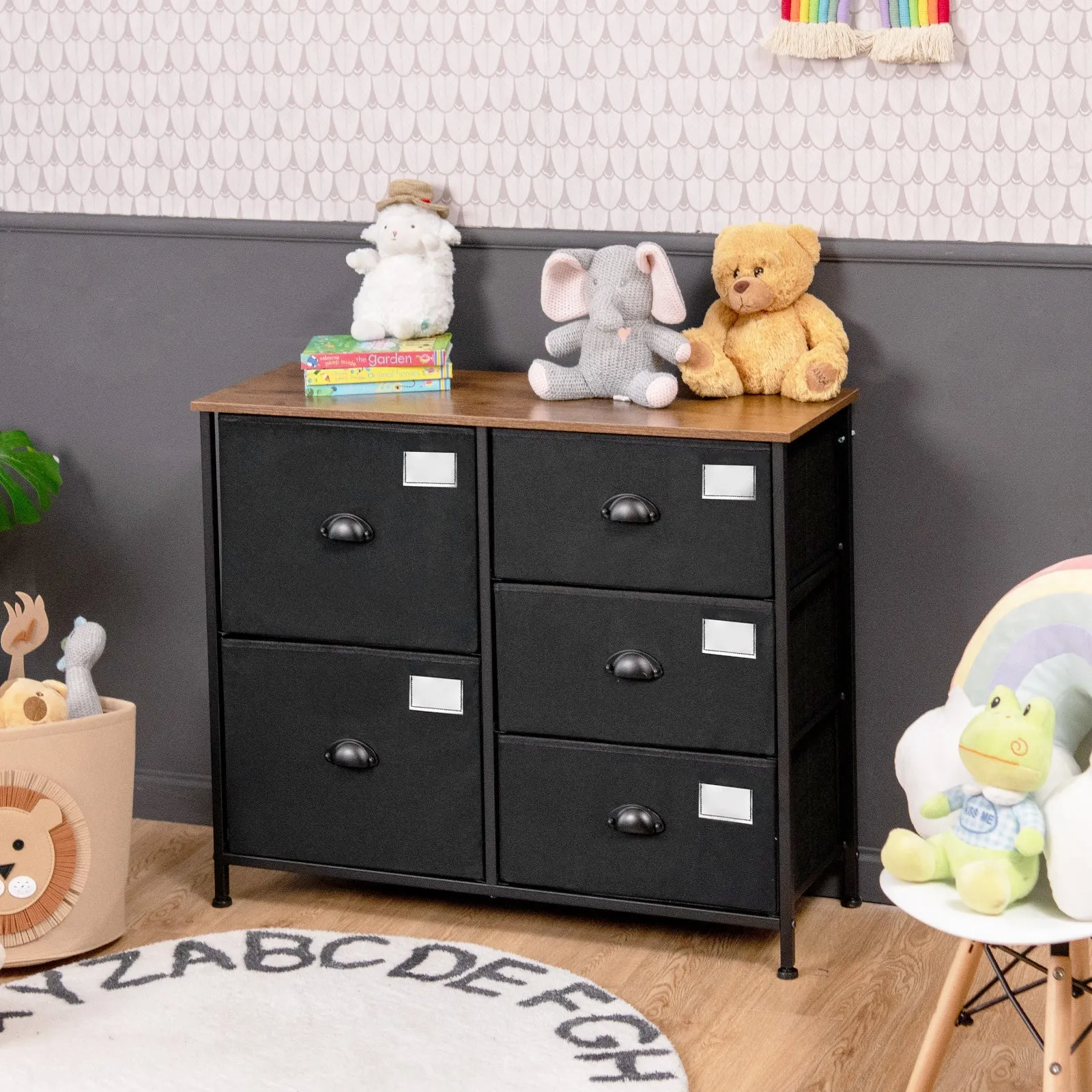 5 Drawers Dresser Chest of Drawers with Wooden Top and Metal Frame-Black