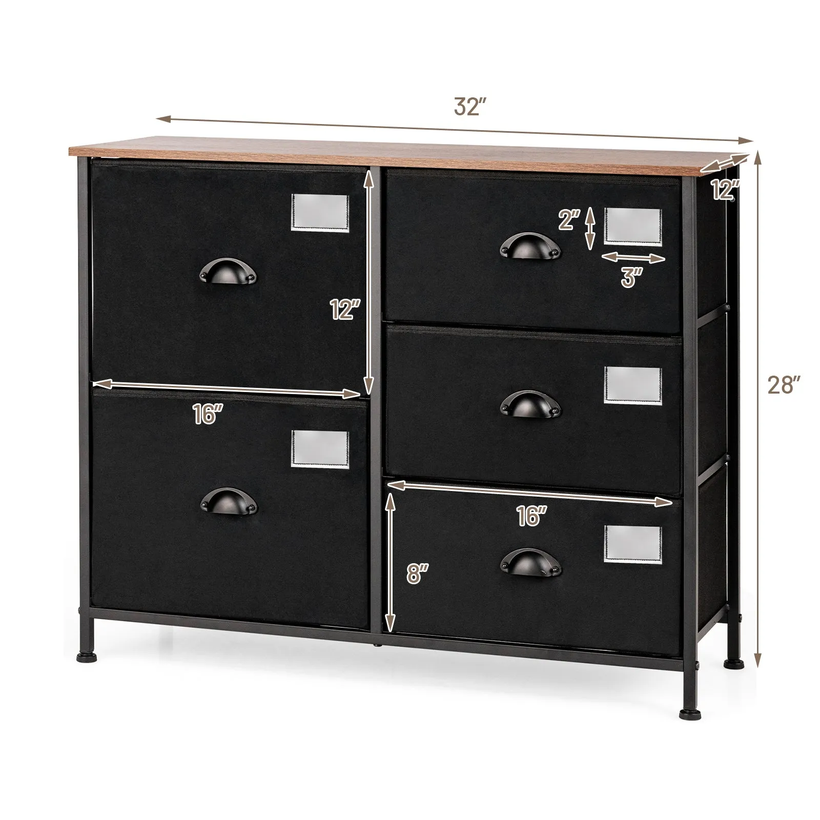 5 Drawers Dresser Chest of Drawers with Wooden Top and Metal Frame-Black