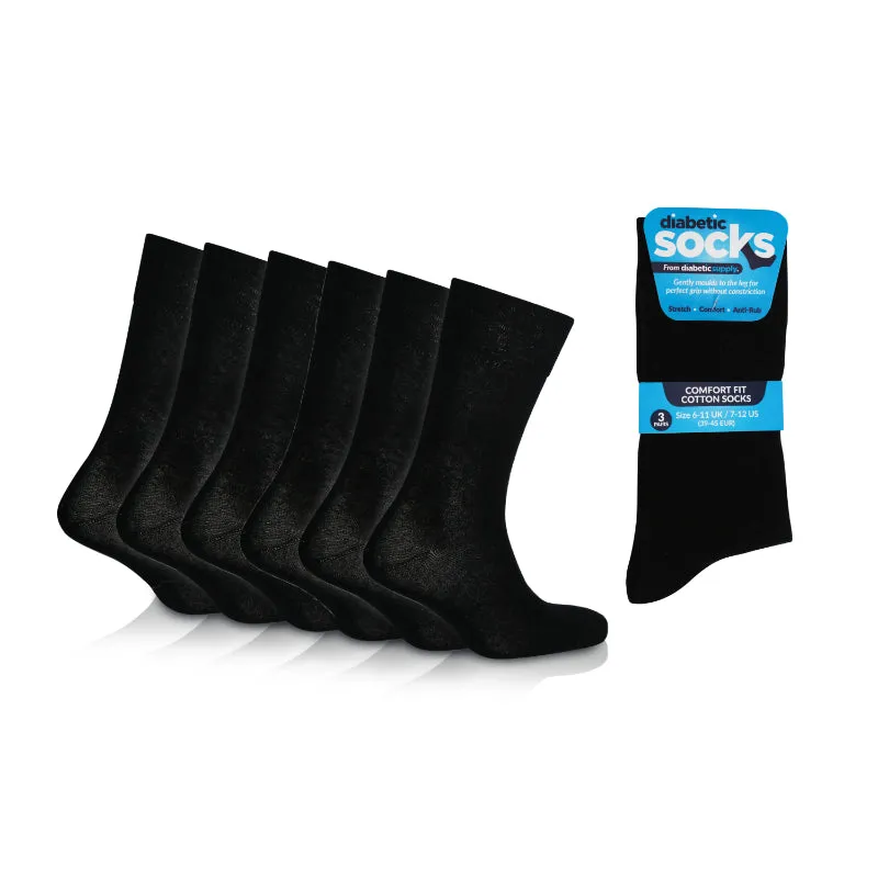 6 Pairs - Black - Mens Diabetic Soft Grip Non Elastic Loose Weave Top Diabetic Socks Size 6-11