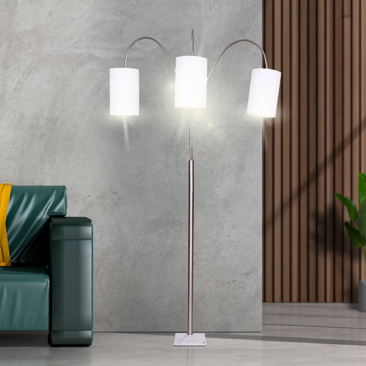 Adjustable 3-Light Arc Floor Lamp, White Marble Base, Nickel Finish