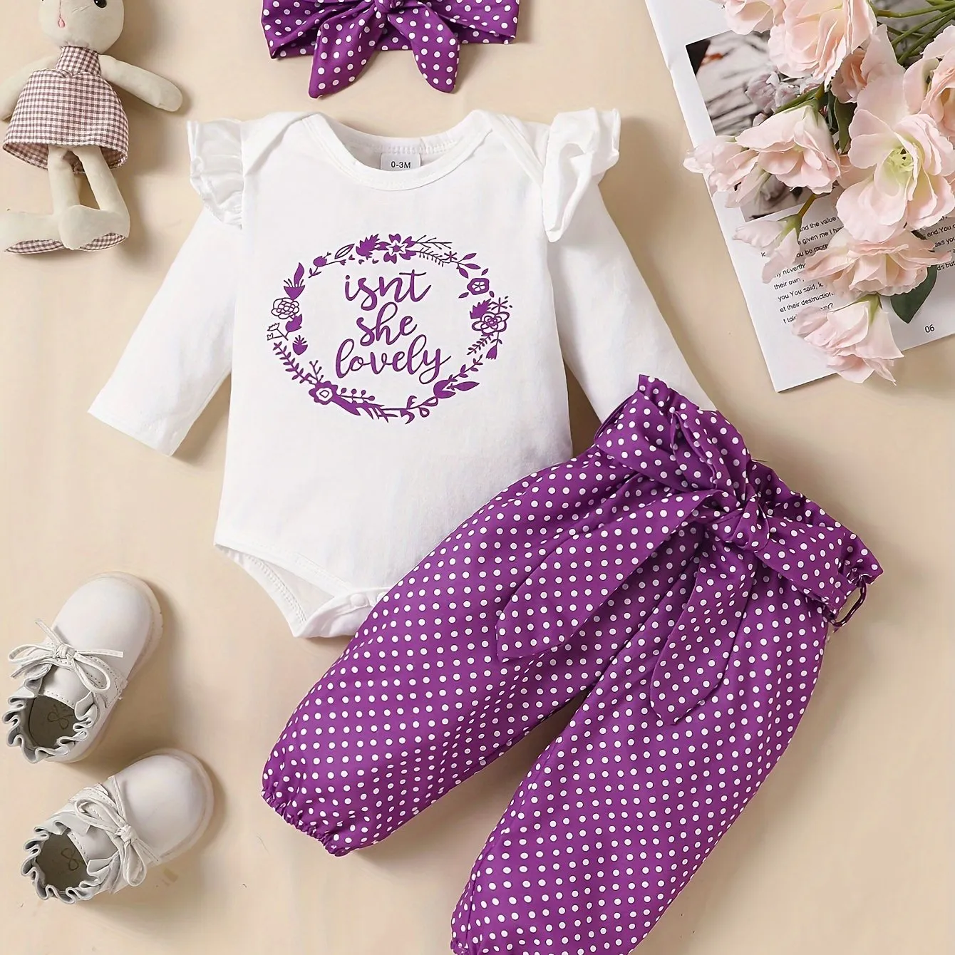 Adorable 4pc Baby Girl Outfit Set Romper Pants Headband