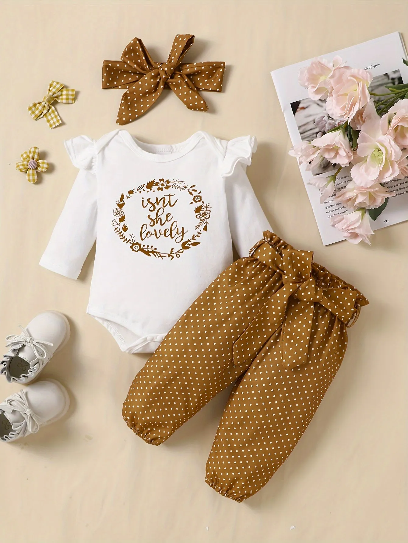 Adorable 4pc Baby Girl Outfit Set Romper Pants Headband