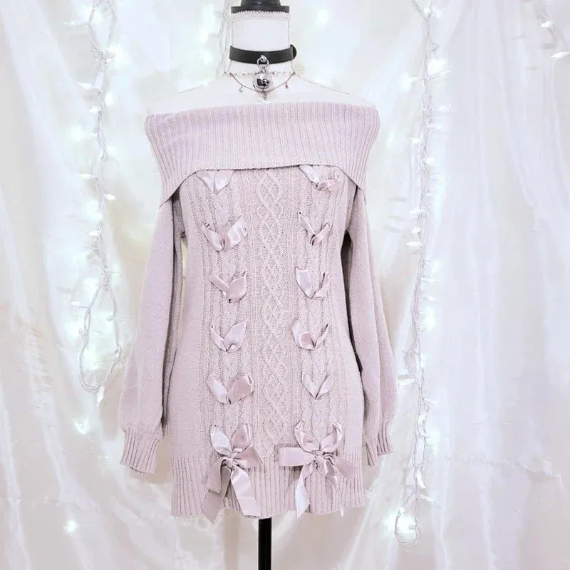 Aiertu Cottage Fairy 00s Vintage Knitted Dress Japanese Off Shoulder Pullovers Mini Dress Fairy Y2K Kawaii Tie Up Retro Sweater Dress