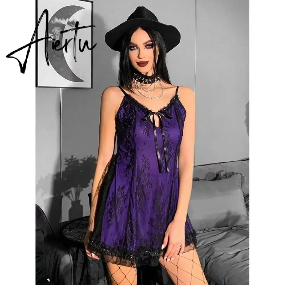 Aiertu Pastel Goth Lace Trim Short Dress Summer E-Girl Aesthetics V-Neck Straped Backless A-Line Dresses Y2K Streetwear Purple