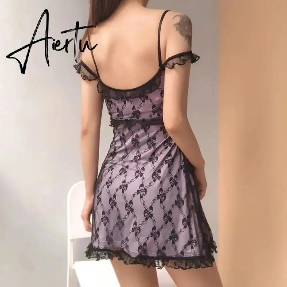 Aiertu Pastel Goth Lace Trim Short Dress Summer E-Girl Aesthetics V-Neck Straped Backless A-Line Dresses Y2K Streetwear Purple