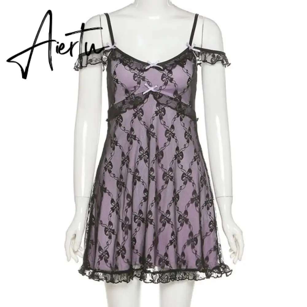 Aiertu Pastel Goth Lace Trim Short Dress Summer E-Girl Aesthetics V-Neck Straped Backless A-Line Dresses Y2K Streetwear Purple