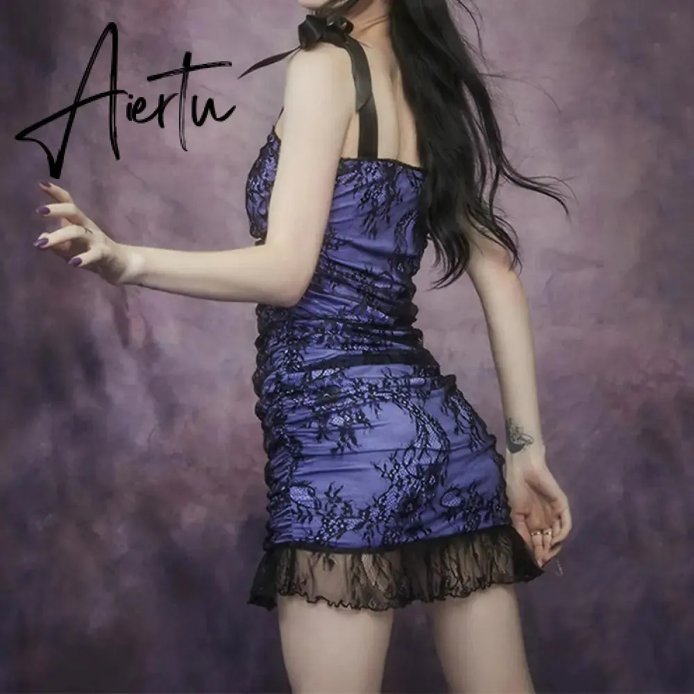 Aiertu Pastel Goth Lace Trim Short Dress Summer E-Girl Aesthetics V-Neck Straped Backless A-Line Dresses Y2K Streetwear Purple