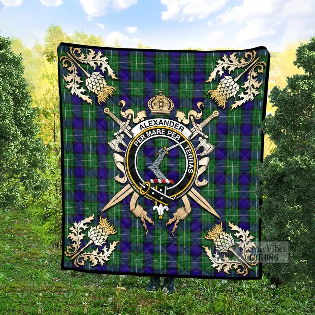 Alexander Tartan Quilt with Family Crest and Scottish Golden Courage Shield