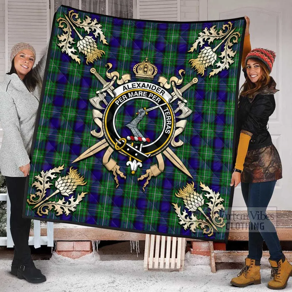 Alexander Tartan Quilt with Family Crest and Scottish Golden Courage Shield