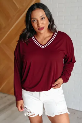 All Out Comfort V-Neck Pullover in Red Merlot - 10/14