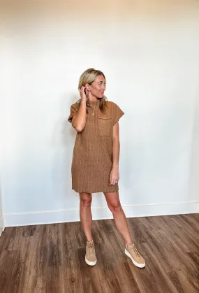 Amelia Mock Neck Knitted Dress- Deep Camel