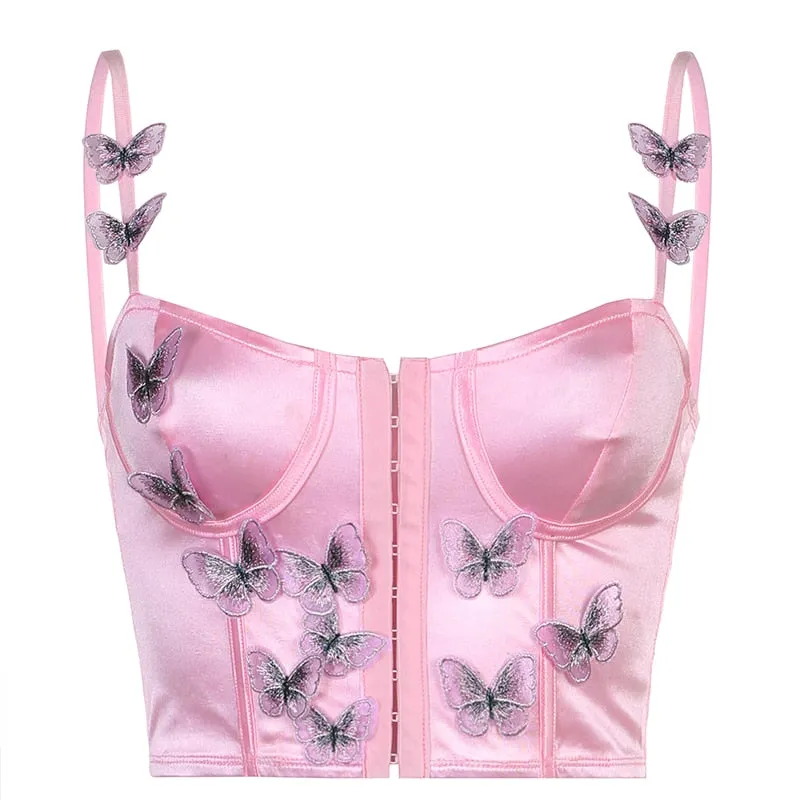 Amozae  Butterfly Appliques Y2K Corset Women Kawaii Aesthetic Pink Camisole Satin Tank Top   Beach Party Outfit Bustier Hot