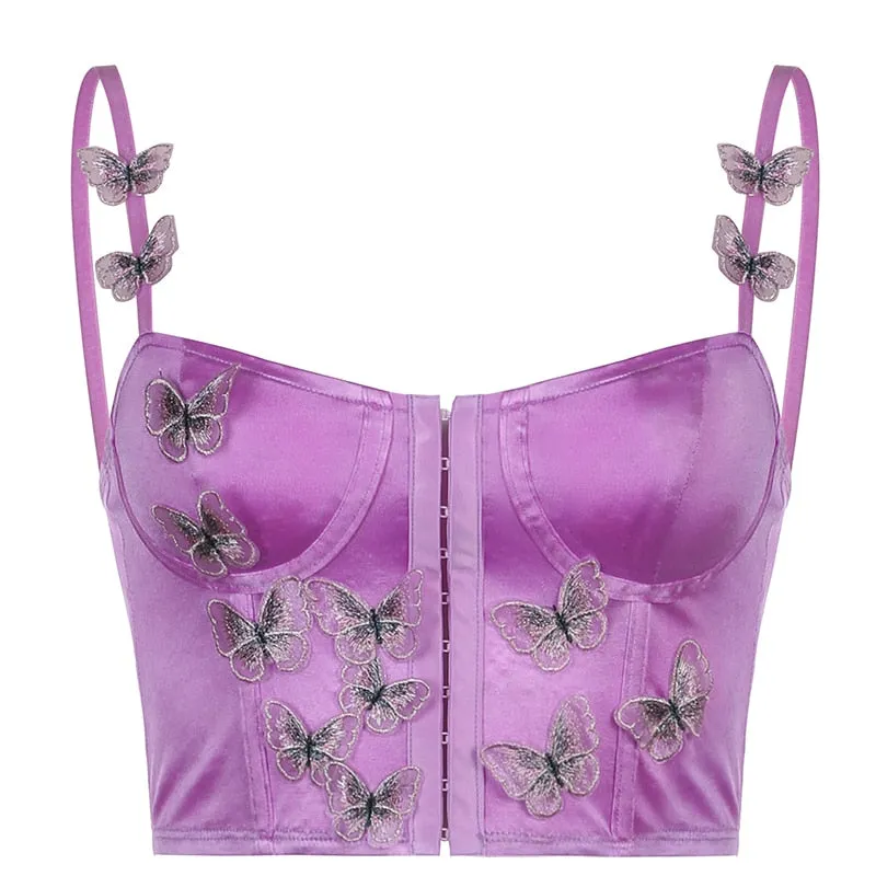 Amozae  Butterfly Appliques Y2K Corset Women Kawaii Aesthetic Pink Camisole Satin Tank Top   Beach Party Outfit Bustier Hot