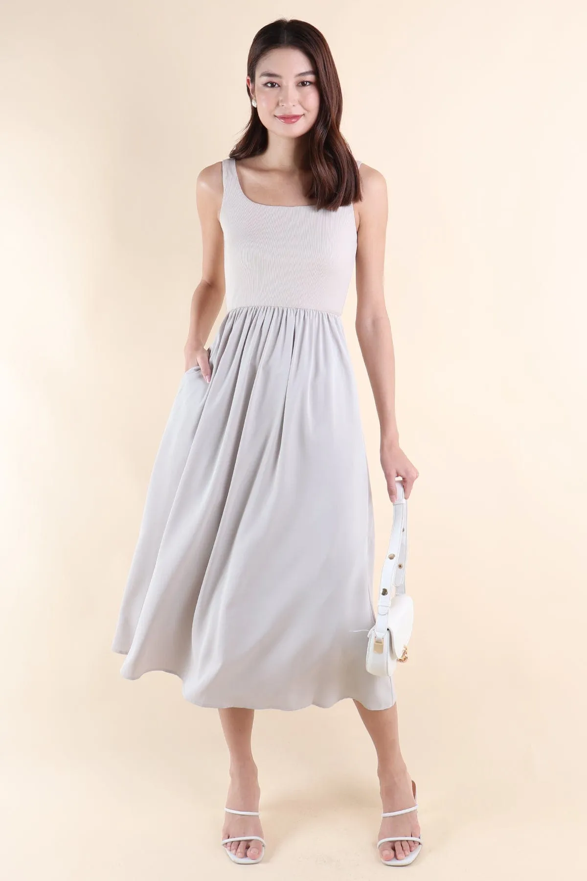 ANABELLE RIBBED MAXI DRESS IN GREIGE