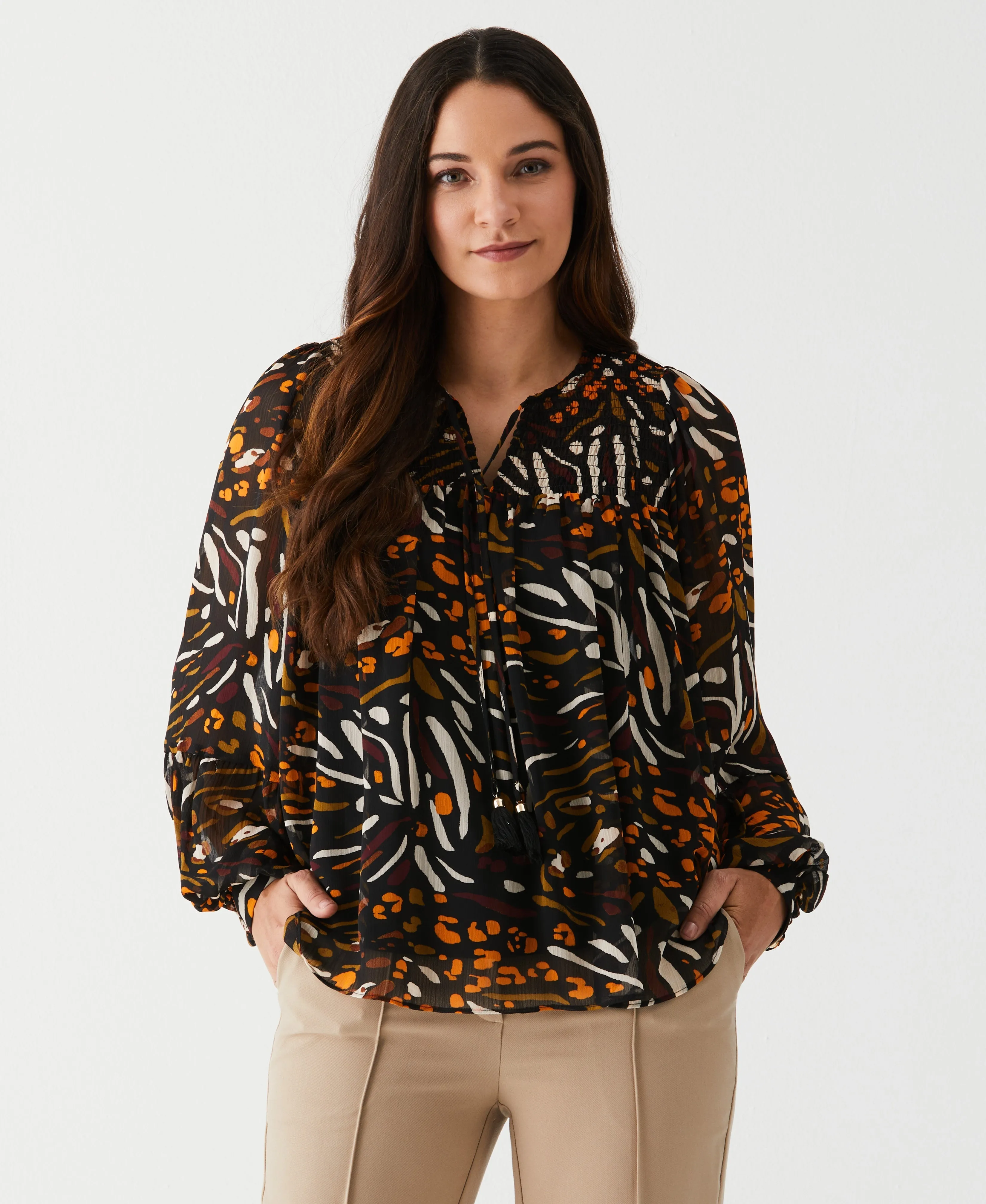 Animal Print Smocked Split Neck Blouse