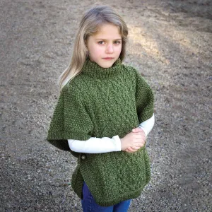 Aran Knit Roll Neck Childrens Wool Poncho - Green