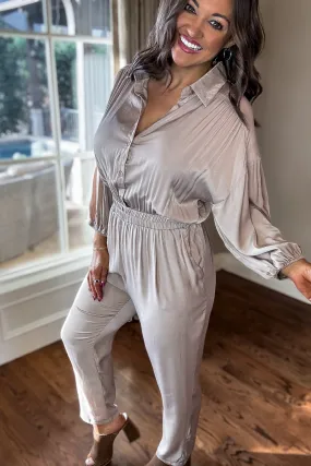 Ash Latte Collared Button up Jumpsuit