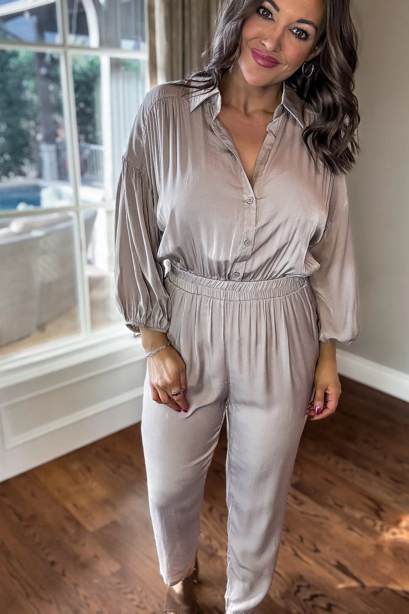 Ash Latte Collared Button up Jumpsuit