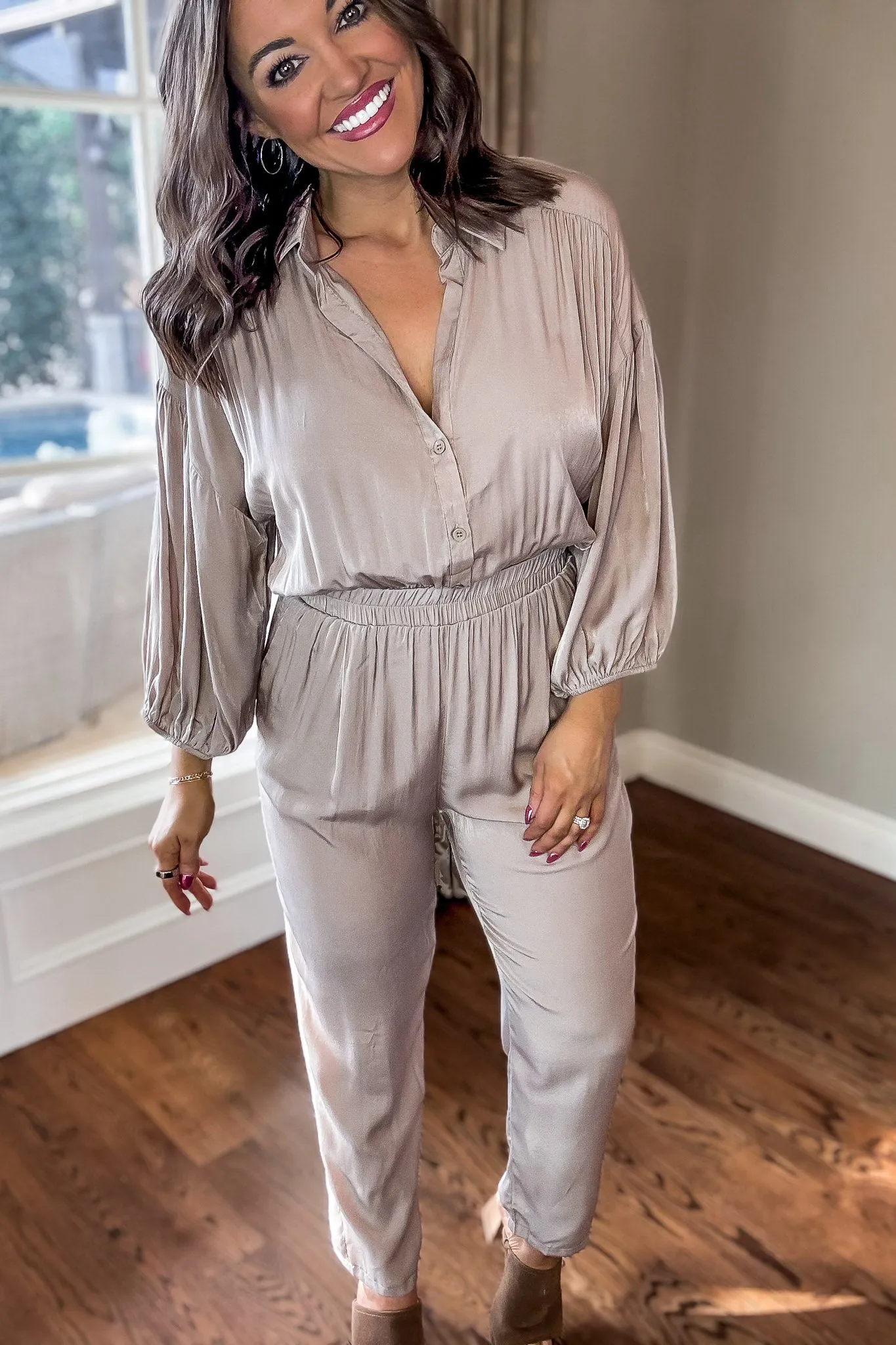 Ash Latte Collared Button up Jumpsuit