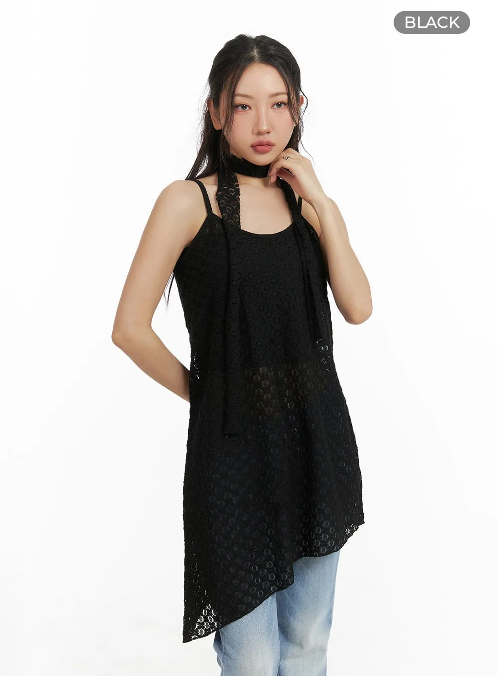 Asymmetric Lace Mini Dress with Scarf CM426