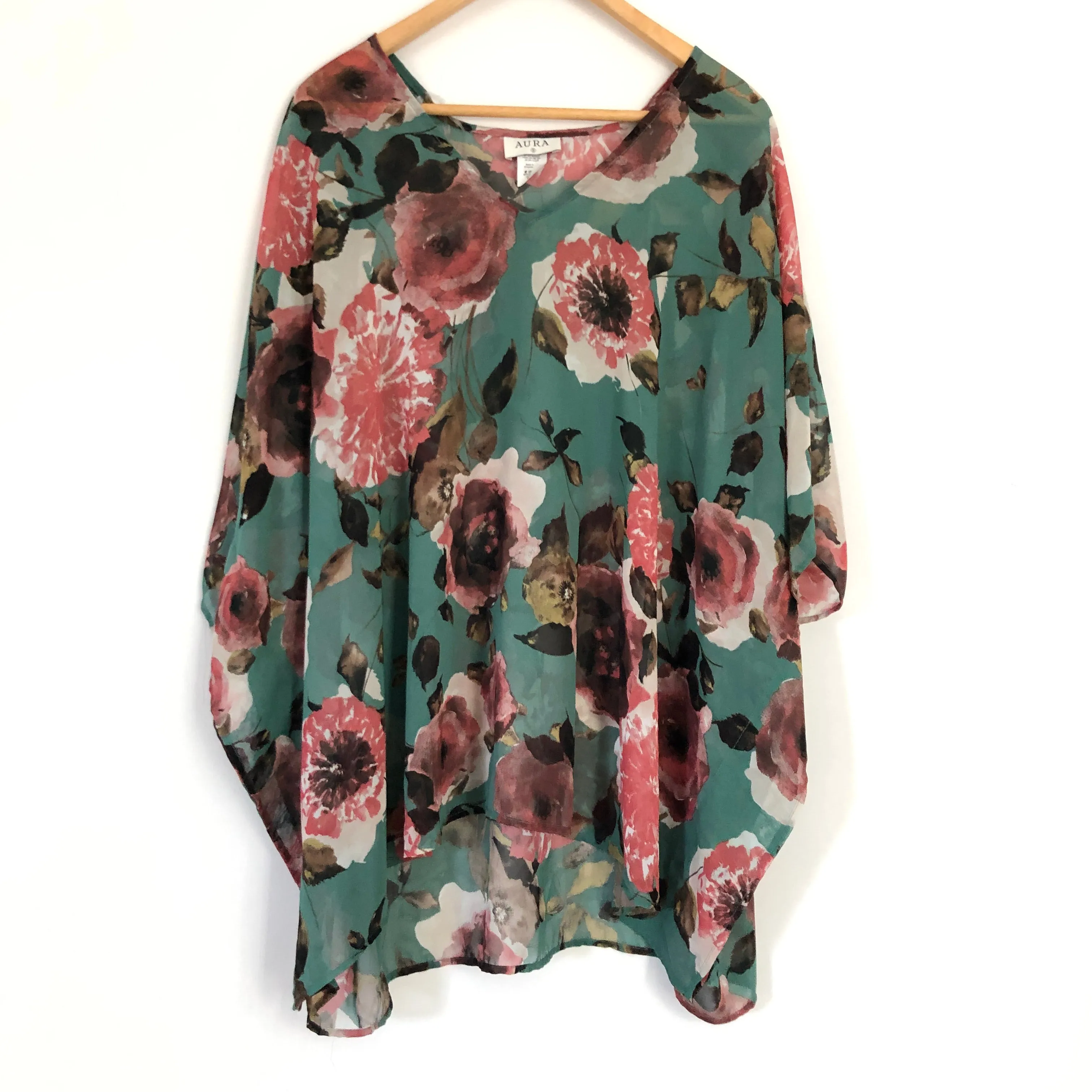 Aura Floral Sheer Poncho Style Top NWT- Size S